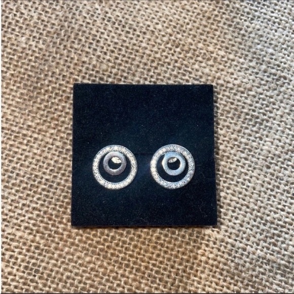 Sterling silver studded earrings double sparkly Bling Circle 925 New Pave stud - Picture 3 of 5